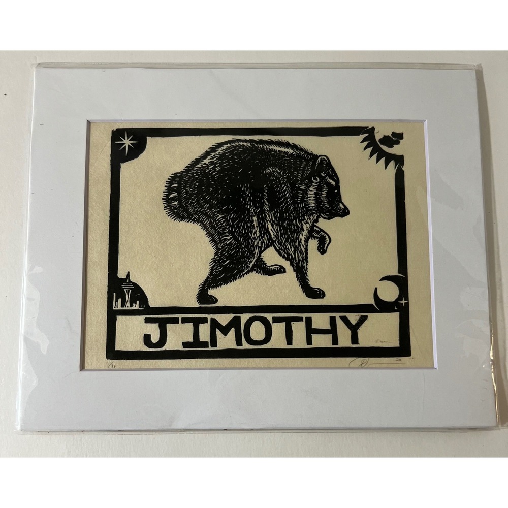 Ben Brockman Ocotillo Press Jimothy Raccoon Linocut Print Signed Numbered 7/16
